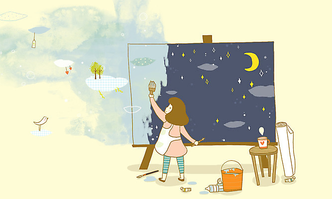 PSD 나무 식물 동물 구름 여자 별 초등학생 어린이 예술 일러스트 상상 조류 밤하늘 미술 한명 사람 소녀 판타지 페인트 물감 미술도구 달 붓 그리기 초승달 그림 페인트붓 팬시 여자만 여자한명만 어린이만 소녀만 소녀한명만 국내일러스트 자연요소 1 학생 모션 하늘 문화예술 야간 오브젝트 파일형식