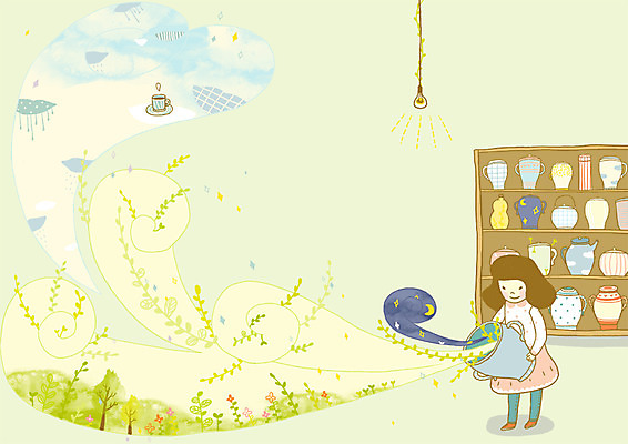 PSD 나무 식물 여자 커피 초등학생 어린이 가구 일러스트 가족 상상 자연 잔 한명 사람 소녀 컵 판타지 항아리 도자기 커피잔 진열장 장식장 팬시 여자만 여자한명만 어린이만 소녀한명만 국내일러스트 1 학생 식기 음료 생활용품 관계 생태계 소녀만 파일형식