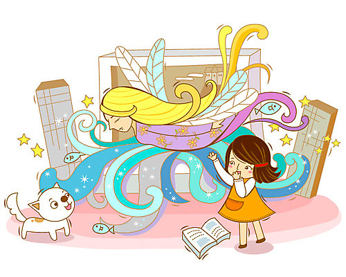 EPS 동물 여자 반려견 어린이 일러스트 포유류 상상 동화 천사 요정 실내 어류 사람 두명 책 반려동물 판타지 개 강아지 여자만 어린이만 소녀만 국내일러스트 내부 수중동물 파일형식 벡터