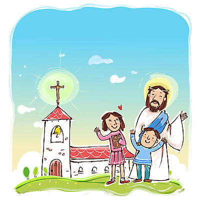 EPS 주간 나무 식물 건축물 여자 남자 기독교 종교 어린이 십자가 일러스트 사람 소녀 소년 초원 야외 건물 세명 교회 성경 목초지 종 예수 기독교인 신도 국내일러스트 자연요소 건축 종교용품 종교건축 목장 신_종교 파일형식 벡터 초원_자연