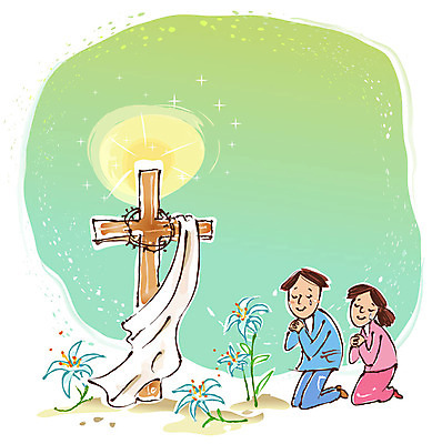 EPS 식물 여자 남자 꽃 기독교 종교 십자가 일러스트 사람 야외 두명 기도 기독교인 야간 신도 가시면류관 국내일러스트 자연요소 종교용품 파일형식 벡터