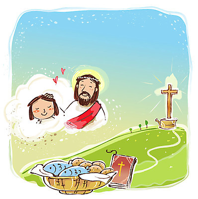 EPS 주간 나무 식물 여자 남자 기독교 종교 어린이 음식 빵 십자가 일러스트 어류 사람 소녀 초원 야외 바구니 소쿠리 성경 목초지 하트 예수 기독교인 신도 기적 제빵 오병이어 국내일러스트 자연요소 모양 종교용품 제과제빵 수중동물 목장 신_종교 파일형식 벡터 초원_자연
