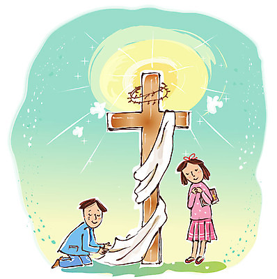 EPS 주간 여자 남자 기독교 종교 어린이 십자가 일러스트 사람 소녀 소년 야외 두명 성경 기독교인 울음 신도 눈물 가시면류관 어린이만 국내일러스트 자연요소 감정 종교용품 표정 파일형식 벡터