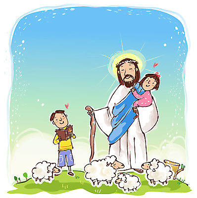EPS 주간 동물 여자 남자 기독교 종교 어린이 여러마리 일러스트 포유류 지팡이 사람 소녀 소년 초원 야외 세명 성경 목초지 양 예수 기독교인 신도 나무밑둥 국내일러스트 자연요소 나무 다수 종교용품 목장 신_종교 파일형식 벡터 초원_자연