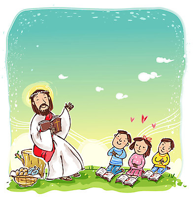 EPS 주간 구름 여자 남자 기독교 종교 어린이 음식 일러스트 사람 소녀 소년 초원 여러명 야외 성경 목초지 기도 하트 예수 기독교인 신도 기적 나무밑둥 성경공부 설교 오병이어 국내일러스트 자연요소 모양 나무 다수 종교용품 학습 목장 신_종교 파일형식 벡터 초원_자연