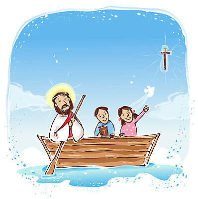 EPS 주간 구름 여자 남자 기독교 종교 어린이 바다 십자가 일러스트 항해 사람 소녀 소년 야외 세명 성경 예수 기독교인 나룻배 신도 노 선박 국내일러스트 자연요소 수상교통 배_교통 종교용품 신_종교 파일형식 벡터