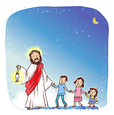 EPS 여자 남자 별 기독교 종교 어린이 일러스트 밤하늘 서기 사람 소녀 소년 여러명 야외 손잡기 달 등불 예수 기독교인 구출 야간 신도 호롱불 국내일러스트 자연요소 다수 모션 하늘 조명 도움 신_종교 파일형식 벡터
