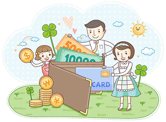 EPS 주간 구름 여자 남자 어린이 지폐 돈 일러스트 가정 가족 하늘 사람 잔디 야외 라이프 생활 세명 금융 경제 태양 새싹 달러 상점 동전 하트 원화 신용카드 지갑 엔 네잎클로버 클로버 재테크 가정경제 어린이만 국내일러스트 자연요소 모양 식물 관계 재산 파일형식 벡터