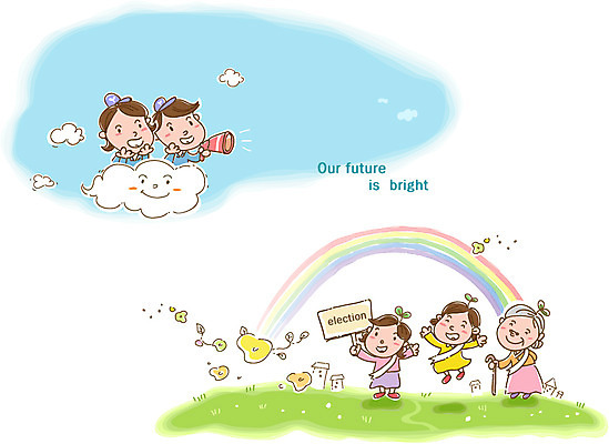 EPS 주간 구름 여자 노년 남자 할머니 어린이 캠페인 무지개 일러스트 지팡이 사람 소녀 여러명 성인 야외 확성기 팻말 사회 투표 선거 민주주의 사회이슈 국내일러스트 자연요소 다수 컨셉 프레임 공동체 파일형식 벡터