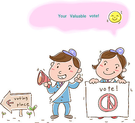 EPS 여자 남자 화살표 캠페인 일러스트 사람 성인 두명 새싹 확성기 표지판 사회 투표 선거 민주주의 사회이슈 알림 투표용지 선거일 선거홍보 투표소 성인만 국내일러스트 식물 컨셉 알림판 공동체 파일형식 벡터