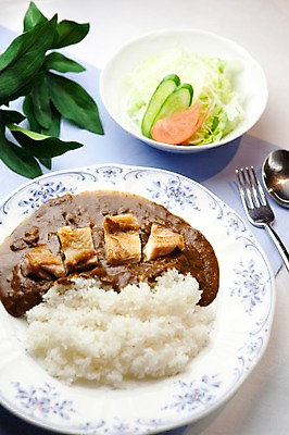 포토 JPG 해외기획촬영 그릇 접시 외국문화 포크 일본문화 2010년일본 밥 요리 사람없음 숟가락 샐러드 덮밥 카레라이스 잎장식 치킨카레 카레덮밥 일본음식 국내포토 동양문화 식기 문화 음식 수저 장식 카레 파일형식