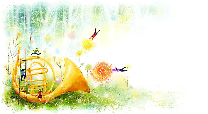 PSD 나무 문화 예술 악기 음악 백그라운드 일러스트 사다리 상상 페인터 문화예술 관악기 사람 여러명 판타지 축제 호른 프렌치호른 국내일러스트 식물 다수 페인팅 도구 금관악기 파일형식