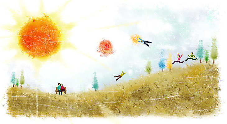 PSD 나무 식물 구름 문화 예술 백그라운드 벤치 의자 일러스트 상상 페인터 하늘 문화예술 사람 여러명 판타지 태양 일출 축제 해돋이축제 국내일러스트 자연요소 가구 다수 페인팅 노을 파일형식