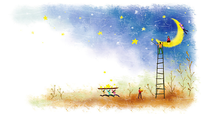 PSD 식물 별 문화 예술 백그라운드 일러스트 사다리 상상 페인터 밤하늘 문화예술 사람 여러명 판타지 축제 달 풀 초승달 채집망 별따기 별축제 국내일러스트 자연요소 다수 페인팅 하늘 도구 야간 파일형식