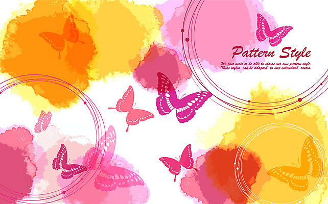 EPS 동물 디자인 분홍색 컬러 나비 곤충 백그라운드 패턴 일러스트 자연 붓터치 따뜻함 사람없음 컬러풀 노란색 물감 원형 번짐 나비문양 국내일러스트 도형 문양 무늬 미술도구 생태계 파일형식 벡터 효과