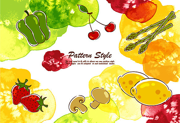 EPS 디자인 음식 백그라운드 패턴 채소 과일 일러스트 자연 딸기 붓터치 피망 사람없음 빨간색 초록색 컬러풀 노란색 주황색 버섯 앵두 체리 레몬 아스파라거스 번짐 양송이 자두 국내일러스트 열매 컬러 무늬 생태계 파일형식 벡터 효과