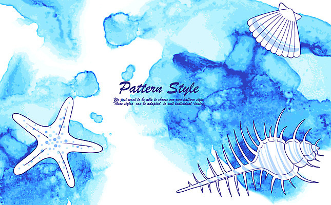 EPS 디자인 계절 컬러 백그라운드 패턴 일러스트 자연 붓터치 조개 불가사리 사람없음 여름 파란색 바다동물 물감 소라 시원함 해산물 번짐 고둥 가리비 국내일러스트 동물 바다 무늬 어패류 극피동물 수중동물 미술도구 생태계 파일형식 벡터 효과