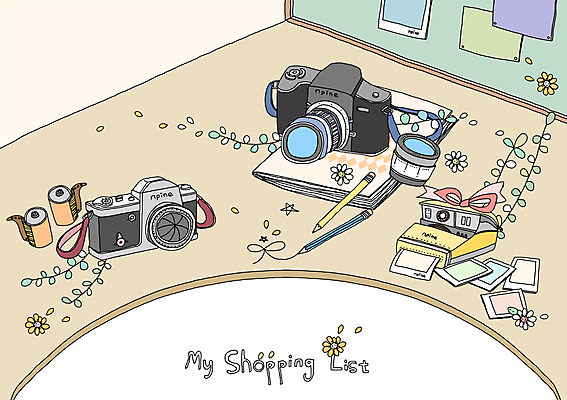 PSD 잡화 꽃잎 꽃 백그라운드 일러스트 실내 사람없음 전자제품 쇼핑 연필 카메라 가전제품 필름 오브젝트 폴라로이드 쇼핑리스트 기념사진 리스트 국내일러스트 식물 학용품 내부 필기구 파일형식