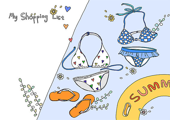 PSD 잡화 옷 수영복 꽃잎 꽃 백그라운드 일러스트 슬리퍼 실내 사람없음 쇼핑 비키니 놀이용품 쪼리 오브젝트 튜브 쇼핑리스트 리스트 국내일러스트 식물 신발 내부 샌들 파일형식