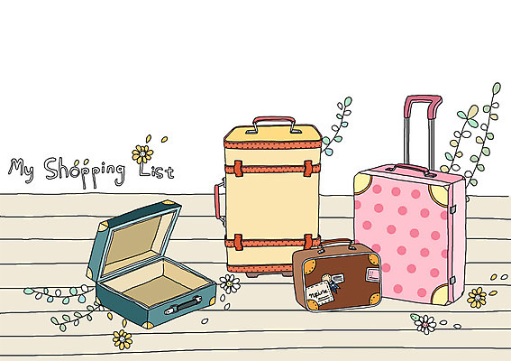 PSD 잡화 꽃잎 꽃 백그라운드 가방 일러스트 실내 사람없음 쇼핑 캐리어 여행가방 오브젝트 쇼핑리스트 리스트 국내일러스트 식물 내부 파일형식