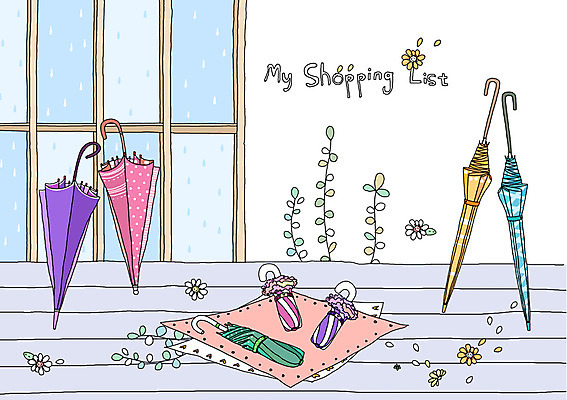 PSD 잡화 꽃잎 꽃 백그라운드 일러스트 우산 창문 실내 사람없음 쇼핑 오브젝트 손수건 쇼핑리스트 리스트 국내일러스트 식물 내부 파일형식