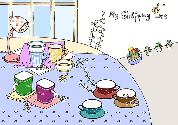 PSD 식물 잡화 꽃잎 꽃 화분 생활용품 백그라운드 일러스트 창문 탁자 조명 잔 선인장 실내 사람없음 컵 쇼핑 스탠드 커피잔 찻잔 오브젝트 쇼핑리스트 리스트 국내일러스트 식기 커피 가구 내부 파일형식