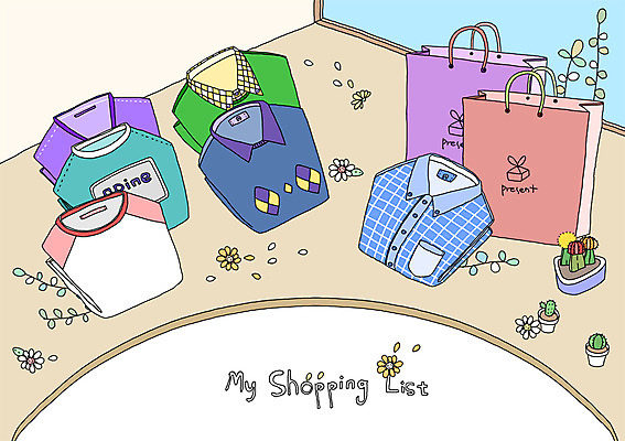 PSD 잡화 옷 꽃잎 꽃 화분 백그라운드 셔츠 티셔츠 일러스트 선인장 실내 사람없음 쇼핑 쇼핑백 오브젝트 쇼핑리스트 리스트 국내일러스트 식물 상의 가방 내부 파일형식