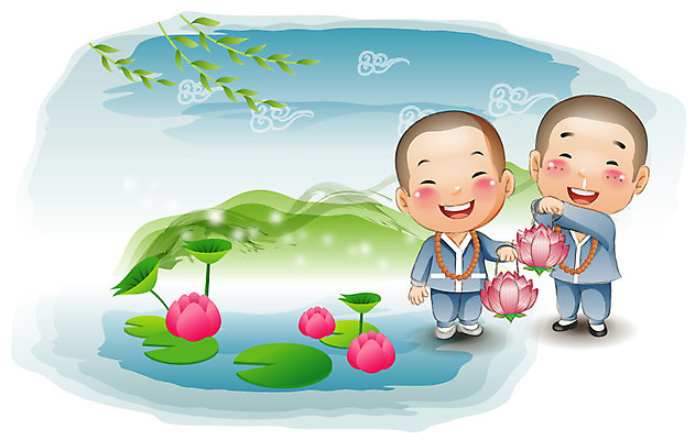 EPS 식물 기념일 남자 종교 초등학생 어린이 줄기 잎 불교 일러스트 나뭇잎 산 연꽃 서기 웃음 사람 소년 야외 두명 부처님오신날 연못 승려 연잎 종교캐릭터 동자승 연등 남자만 어린이만 소년만 불교캐릭터 일러캐릭터 캐릭터 학생 꽃 모션 표정 이벤트 등불 성직자 불교용품 파일형식 벡터