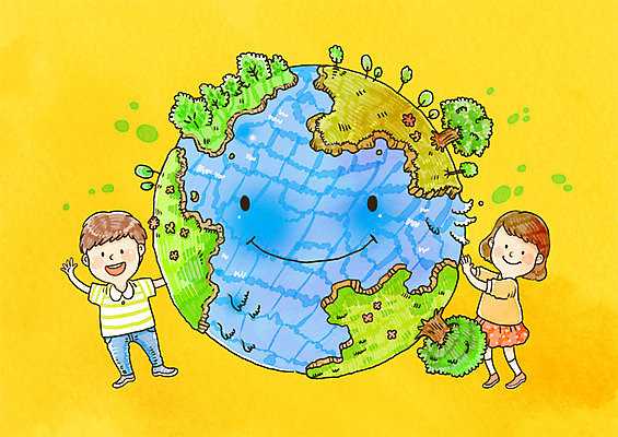 PSD 나무 식물 여자 남자 지구 초등학생 어린이 캠페인 일러스트 자연 미소 웃음 사람 소녀 소년 두명 자연보호 환경 그린캠페인 환경보전 그린데이 지구의날 어린이만 국내일러스트 학생 기념일 데이이벤트 표정 보호 사회이슈 생태계 파일형식