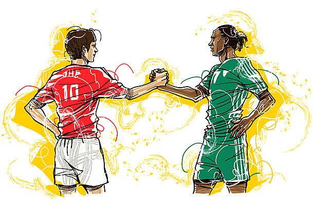 EPS 서양인 외국인 남자 나라 스포츠 흑인 유니폼 일러스트 모션 축구선수 운동선수 악수 한국 사람 동양인 20대 성인 두명 운동 구기 손잡기 축구 아프리카인 하이파이브 국가대표 축구유니폼 경기복 나이지리아 축구대표팀 한국선수 남자만 성인남자만 청년만 청년남자만 성인만 월드싸커 국내일러스트 옷 아시아 건강 인종 손짓 청년 파일형식 벡터 서아프리카