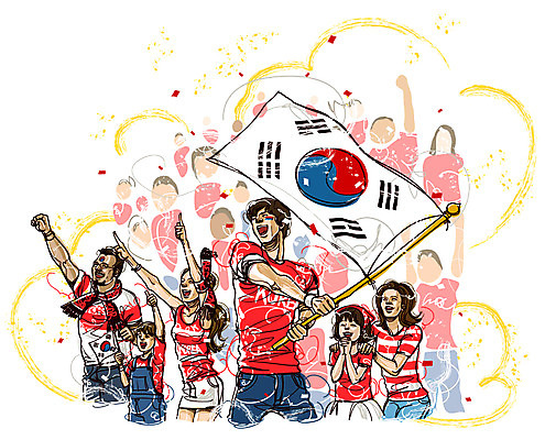 EPS 여자 남자 스포츠 올림픽 유니폼 일러스트 응원 하계올림픽 한국 사람 동양인 여러명 20대 성인 운동 구기 축구 기쁨 만세 깃발 국기 태극기 붉은악마 응원단 축구유니폼 경기복 청년만 성인만 월드싸커 국내일러스트 옷 감정 아시아 다수 모션 건강 인종 청년 파일형식 벡터