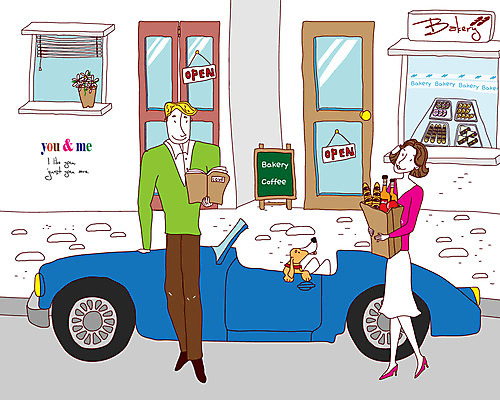 EPS 동물 한마리 커플 여자 남자 감정 반려견 음식 일러스트 포유류 승용차 자동차 사랑 미소 웃음 사람 20대 성인 두명 책 30대 반려동물 바구니 카페 개 강아지 오픈카 카페테리아 상업시설 성인만 국내일러스트 1 육상교통 관계 표정 청년 장년 상점 시설 상업 파일형식 벡터