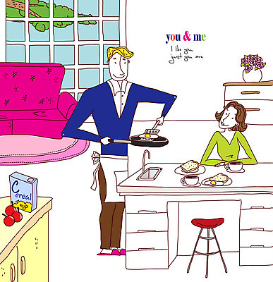 EPS 나무 식물 그릇 접시 커플 여자 열매 남자 꽃 감정 화분 음식 빵 의자 과일 일러스트 창문 탁자 잔 실내 사랑 요리 사람 20대 성인 두명 컵 30대 소파 프라이팬 계란프라이 토스트 성인만 국내일러스트 식기 가구 관계 주방용품 청년 내부 장년 계란요리 파일형식 벡터