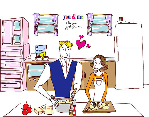 EPS 커플 여자 열매 남자 감정 음식 가구 가사 과일 일러스트 창문 실내 사랑 요리 미소 웃음 사람 20대 성인 두명 30대 주방 하트 커튼 싱크대 서랍장 반죽 냉장고 성인만 국내일러스트 모양 식물 생활용품 관계 표정 청년 내부 장년 가전제품 개수대 파일형식 벡터