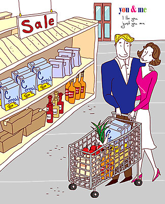 EPS 라이프스타일 커플 여자 남자 감정 음식 과일 일러스트 실내 사랑 미소 웃음 사람 20대 성인 두명 30대 쇼핑 장보기 상점 카트 강아지 마트 성인만 국내일러스트 관계 표정 청년 내부 생활 장년 반려동물 개 파일형식 벡터