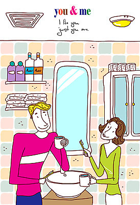 EPS 커플 여자 남자 감정 일러스트 실내 사랑 미소 웃음 사람 20대 성인 두명 컵 30대 수건 위생용품 거울 욕실 양치 위생 칫솔 세면대 화장실 성인만 국내일러스트 식기 생활용품 관계 표정 청년 내부 장년 청결 파일형식 벡터