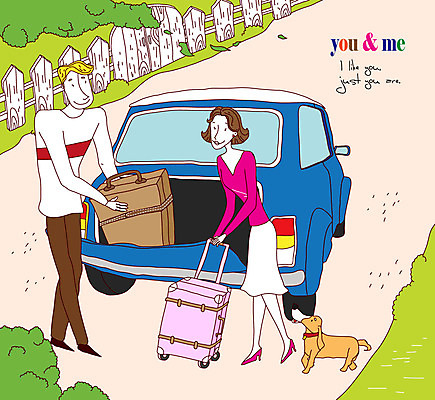 EPS 주간 동물 한마리 커플 여자 남자 감정 반려견 길 여행 일러스트 포유류 자동차 사랑 미소 웃음 사람 20대 성인 야외 두명 30대 울타리 반려동물 여행가방 개 강아지 성인만 국내일러스트 자연요소 1 육상교통 가방 관계 표정 청년 장년 담장 파일형식 벡터