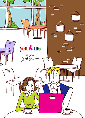 EPS 커플 여자 남자 감정 커피 의자 데이트 일러스트 탁자 실내 사랑 미소 웃음 사람 20대 성인 두명 30대 노트북 카페 커피잔 상업시설 성인만 국내일러스트 음료 가구 관계 잔 표정 청년 내부 장년 전자제품 상점 시설 상업 파일형식 벡터