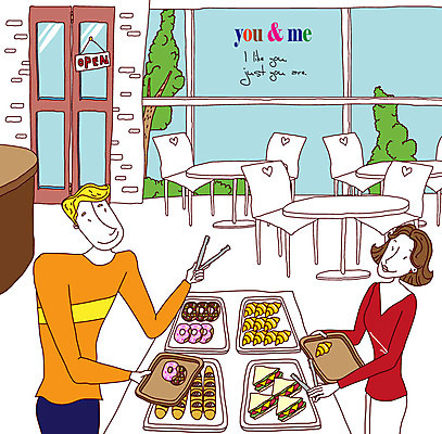 EPS 접시 커플 여자 남자 감정 음식 빵 의자 데이트 일러스트 탁자 실내 샌드위치 집게 사랑 미소 웃음 사람 20대 성인 두명 30대 빵집 도넛 바게트 제빵 소라빵 성인만 국내일러스트 식기 가구 관계 디저트 표정 청년 내부 장년 제과제빵 상점 파일형식 벡터