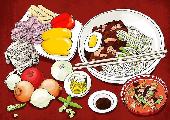 PSD 그릇 접시 한식 음식 채소 라인일러스트 일러스트 식재료 젓가락 양파 피망 오이 콩 파프리카 요리 사람없음 중식 계란 버섯 면류 면 양념 짜장면 완두콩 나물 단무지 문어 레시피 국물 짬뽕 느타리버섯 춘장 국내일러스트 식기 곡류 연체동물 수저 알 수중동물 조미료 파일형식