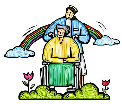 EPS 식물 구름 캐릭터 여자 노년 꽃 할머니 무지개 일러스트 홍보캐릭터 의학 병원 미소 웃음 사람 20대 성인 두명 치료 간호사 알림 휠체어 판화 여자만 성인여자만 성인만 국내일러스트 일러캐릭터 자연요소 표정 미술 청년 의료진 파일형식 벡터