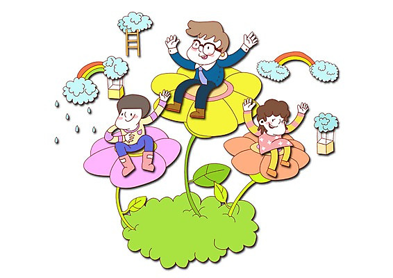 PSD 식물 구름 라이프스타일 여자 남자 꽃잎 꽃 행복 어린이 무지개 일러스트 사다리 가족 사랑 미소 웃음 사람 소녀 소년 세명 가족라이프 어린이만 국내일러스트 자연요소 감정 관계 표정 생활 도구 파일형식