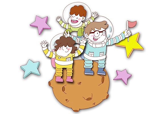 PSD 라이프스타일 여자 남자 행복 별 어린이 일러스트 가족 사랑 미소 웃음 사람 소녀 소년 세명 우주 행성 깃발 가족라이프 우주복 어린이만 국내일러스트 자연요소 옷 감정 관계 표정 생활 파일형식