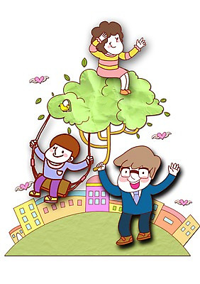 PSD 나무 식물 라이프스타일 건축물 여자 남자 건축 행복 어린이 일러스트 가족 사랑 미소 웃음 사람 소년 건물 세명 하트 가족라이프 그네 어린이만 국내일러스트 모양 감정 관계 표정 생활 파일형식