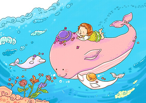 PSD 식물 동물 모자 여자 꽃 초등학생 어린이 바다 일러스트 포유류 상상 동화 한명 사람 소녀 판타지 바닷속 해저 바다동물 고래 돌고래 동화나라 여자만 여자한명만 어린이만 소녀만 소녀한명만 동심 국내일러스트 1 학생 잡화 수중 수중동물 파일형식