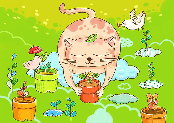 PSD 식물 동물 구름 척추동물 육지동물 꽃 화분 잎 일러스트 우산 포유류 상상 조류 동화 나뭇잎 사람없음 판타지 고양이 동화나라 동심 국내일러스트 자연요소 반려동물 파일형식