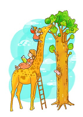 PSD 나무 식물 동물 여자 남자 초등학생 어린이 일러스트 사다리 포유류 상상 동화 사람 소녀 소년 두명 책 판타지 독서 기린 동화나라 어린이만 동심 국내일러스트 학생 도구 파일형식