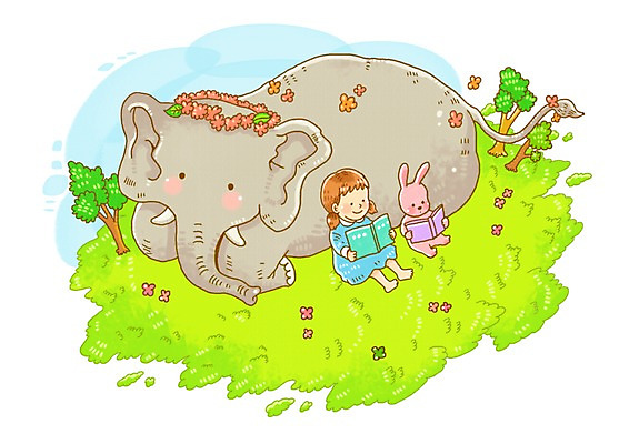 PSD 나무 식물 동물 여자 꽃 초등학생 어린이 일러스트 포유류 상상 동화 코끼리 한명 사람 소녀 책 판타지 독서 토끼 동화나라 여자만 여자한명만 어린이만 소녀만 소녀한명만 동심 국내일러스트 1 학생 반려동물 파일형식