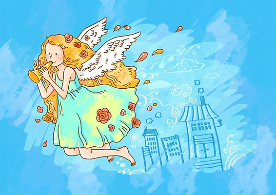 PSD 식물 건축물 건축 꽃잎 꽃 악기 연주 날개 일러스트 상상 동화 천사 주택 요정 굴뚝 건물 판타지 나팔 동화나라 동심 가상인물 국내일러스트 음악 파일형식