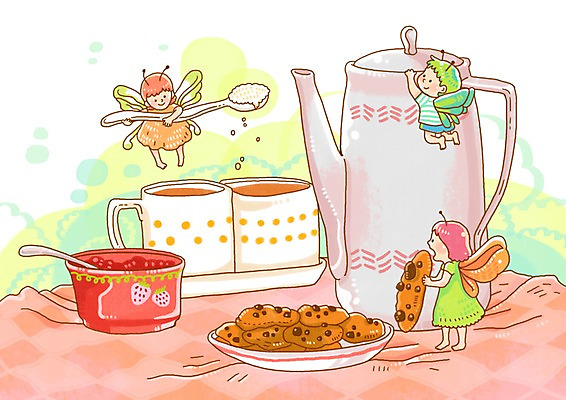 PSD 그릇 접시 음식 일러스트 상상 주전자 동화 잔 요정 수저 컵 판타지 쿠키 제과 과자 숟가락 머그컵 동화나라 초코칩 동심 가상인물 국내일러스트 식기 주방용품 디저트 제과제빵 초콜릿 파일형식